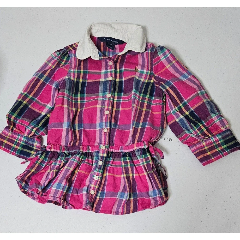 Ralph Lauren Dress Girls 2T Pink Tartan Plaid Peplum Long Sleeve Preppy Classic